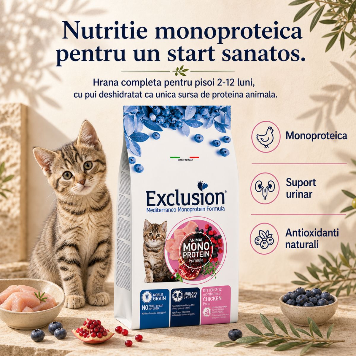 EXCLUSION Mediterraneo Monoprotein Formula Kitten, Pui, hrană uscată monoproteică pisici junior, 12kg